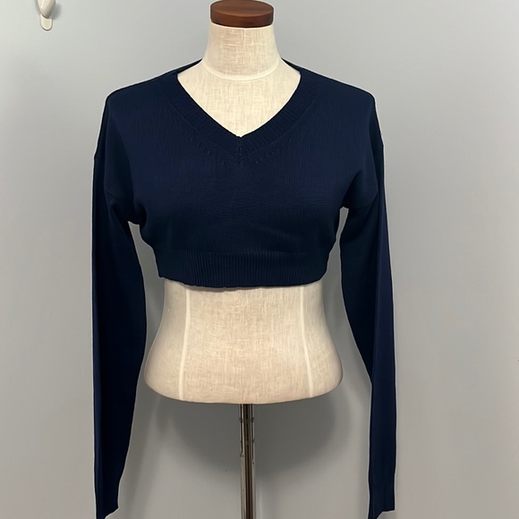 Navy V Neck Front Pocket Drop Shoulder Long Sleeve